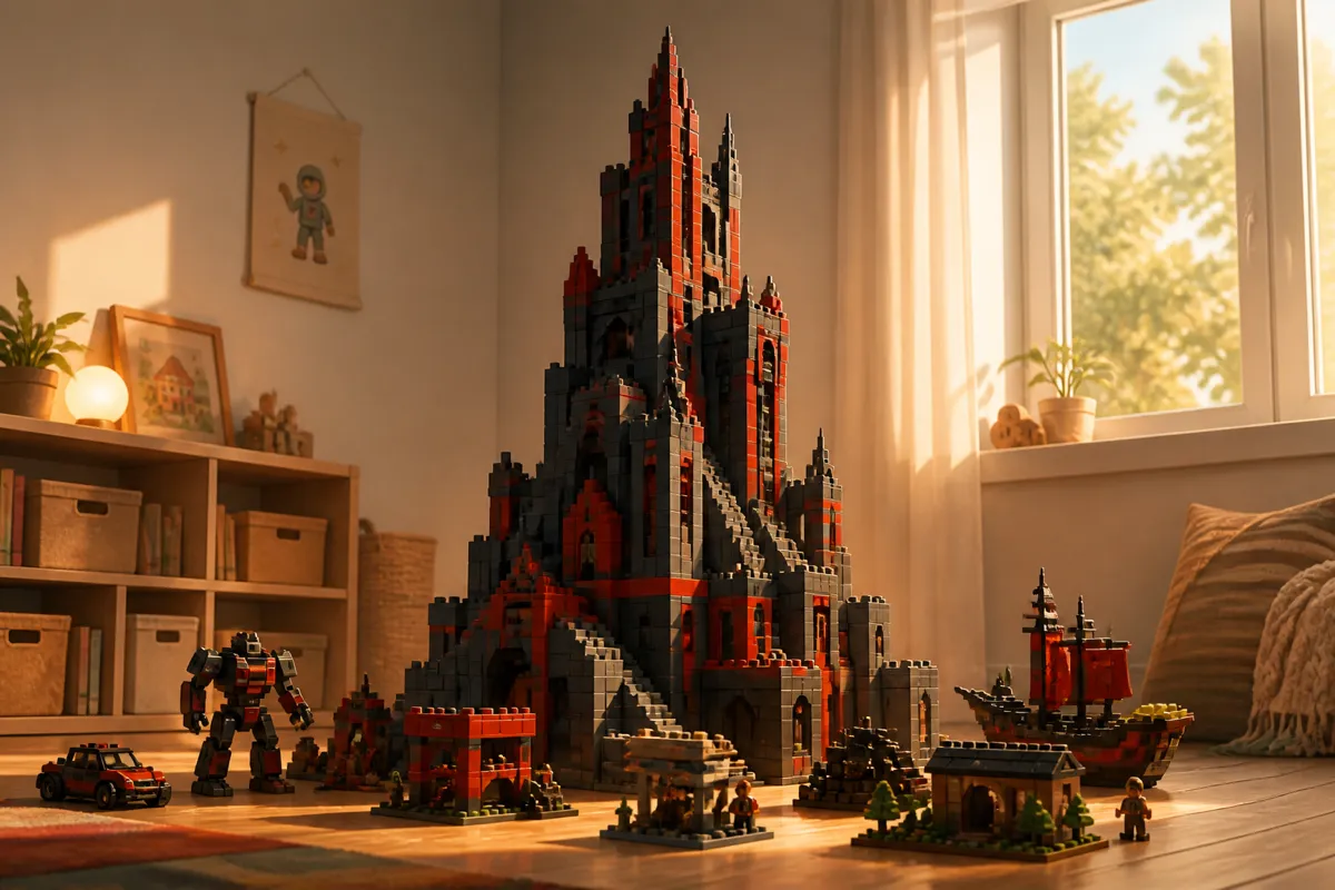 A dramatic dark red and black brick-built tower stands in a playroom alongside a toy robot, a car, and a sailing ship model.