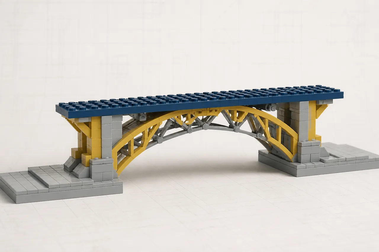 An arch bridge built from navy, yellow and grey toy bricks spanning a gap, its underside showing triangular bracing.