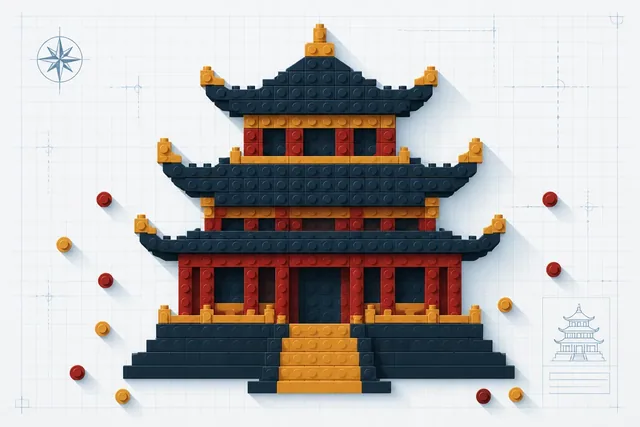 A tiered brick-built pagoda with curved dark roofs and red pillars stands on a blueprint-style grid background.