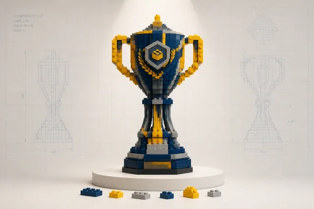 A tall ornate cup-shaped sculpture built from blue, yellow and grey toy bricks on a round pedestal, lit like a showpiece.
